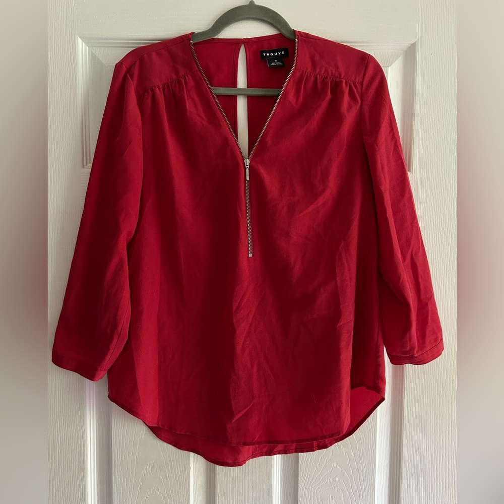 Trouvé “Zip Neck High/Low Gathered Top” Red V-neck 3/4 Sleeve Relaxed Blouse